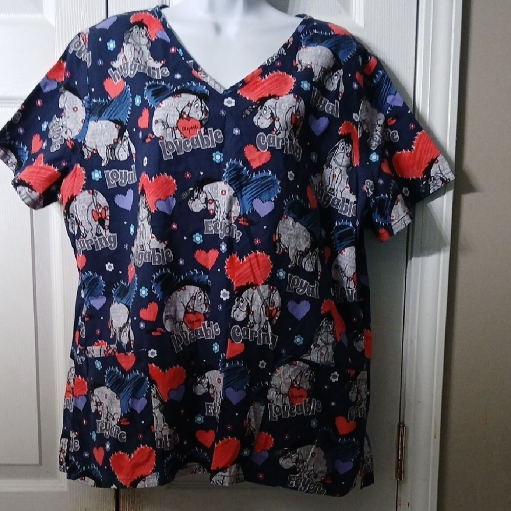 Disney Eeyore Navy Gray Print worded nurse Scrub Top Sz L NWOT